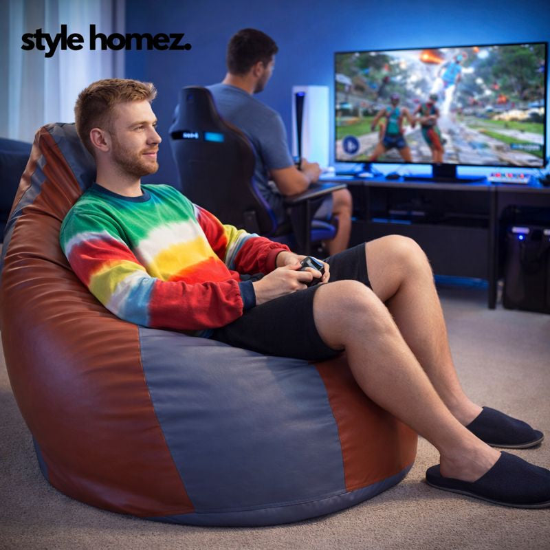 Style Homez Premium Leatherette Classic Jumbo Bean Bag Jumbo Size SAC Grey Tan Color Filled with Beans Fillers