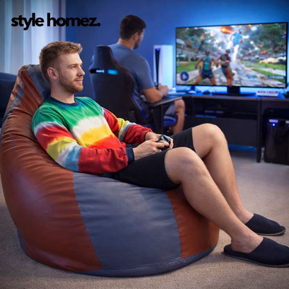 Style Homez Premium Leatherette Classic Jumbo Bean Bag Jumbo Size SAC Grey Tan Color Filled with Beans Fillers