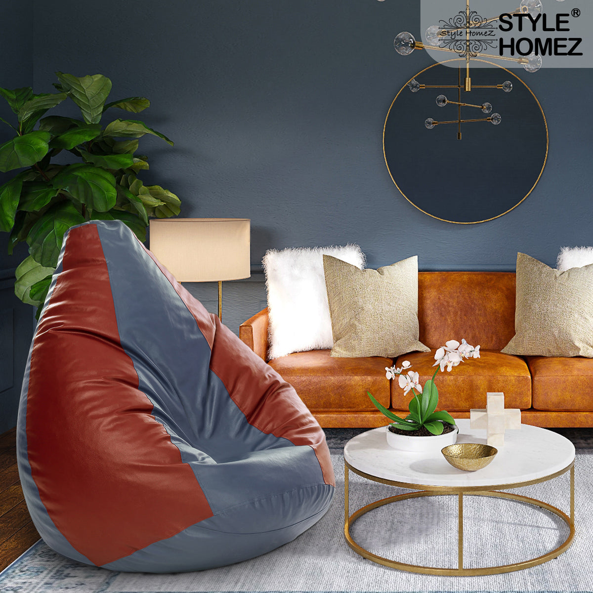 Style Homez Premium Leatherette Classic Jumbo Bean Bag Jumbo Size SAC Grey Tan Color Filled with Beans Fillers