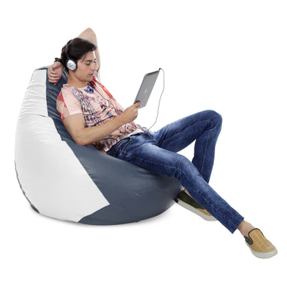 Style Homez Premium Leatherette Classic Jumbo Bean Bag Jumbo Size SAC Grey White Color Filled with Beans Fillers