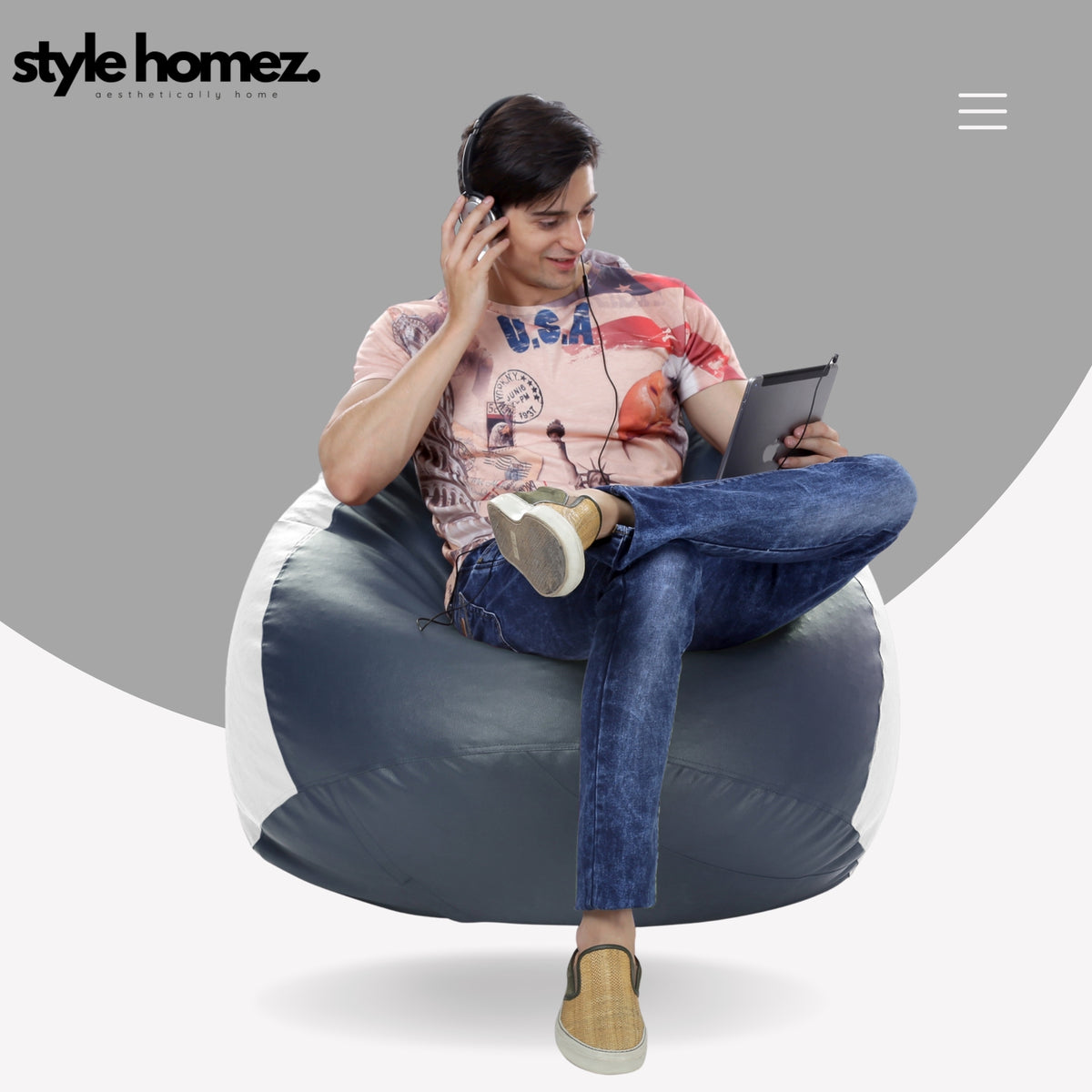 Style Homez Premium Leatherette Classic Jumbo Bean Bag Jumbo Size SAC Grey White Color Filled with Beans Fillers