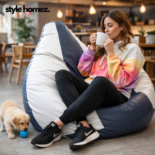 Style Homez Premium Leatherette Classic Jumbo Bean Bag Jumbo Size SAC Grey White Color Filled with Beans Fillers