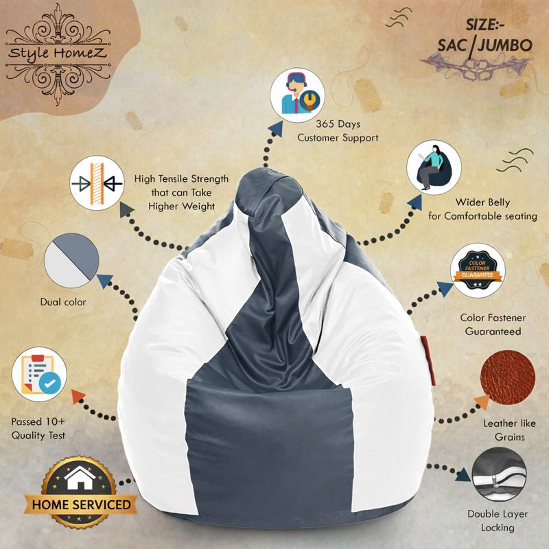 Style Homez Premium Leatherette Classic Jumbo Bean Bag Jumbo Size SAC Grey White Color Filled with Beans Fillers