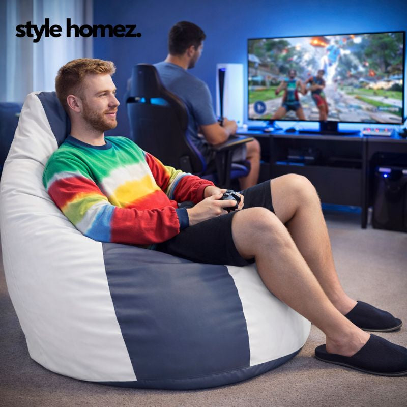 Style Homez Premium Leatherette Classic Jumbo Bean Bag Jumbo Size SAC Grey White Color Filled with Beans Fillers