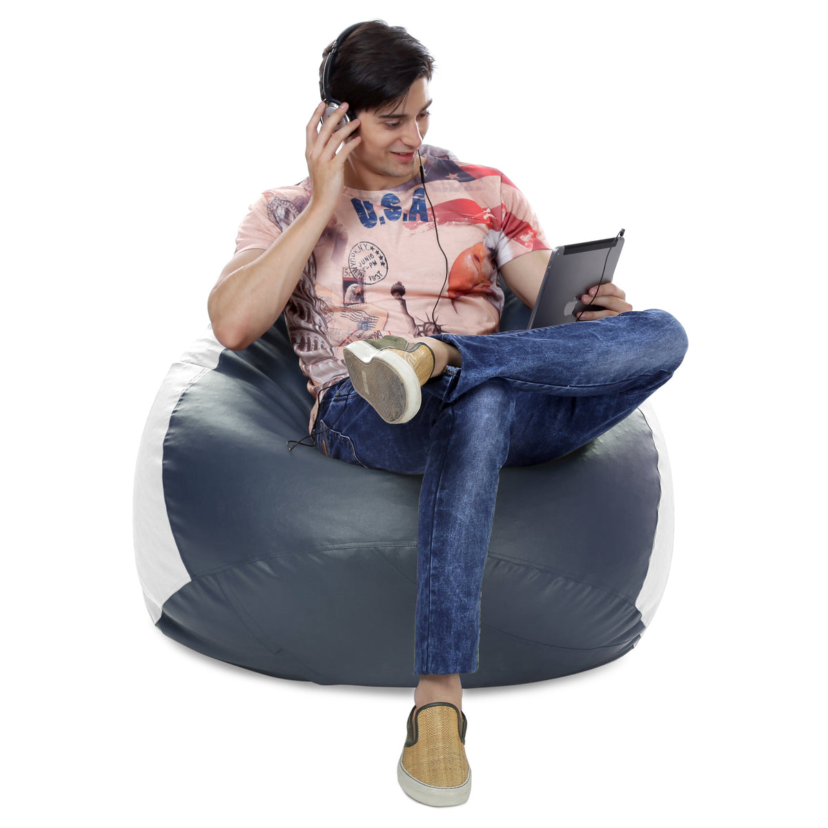 Style Homez Premium Leatherette Classic Jumbo Bean Bag Jumbo Size SAC Grey White Color Filled with Beans Fillers