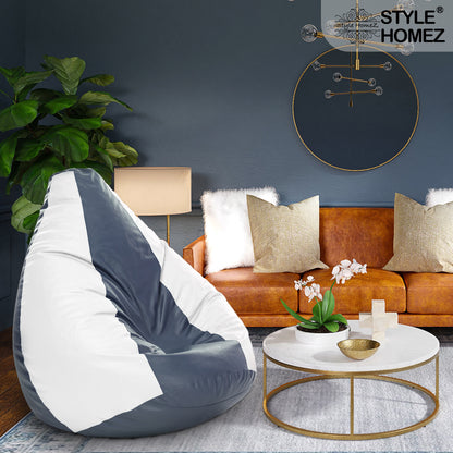 Style Homez Premium Leatherette Classic Jumbo Bean Bag Jumbo Size SAC Grey White Color Filled with Beans Fillers