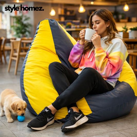 Style Homez Premium Leatherette Classic Jumbo Bean Bag Jumbo Size SAC Grey Yellow Color Filled with Beans Fillers