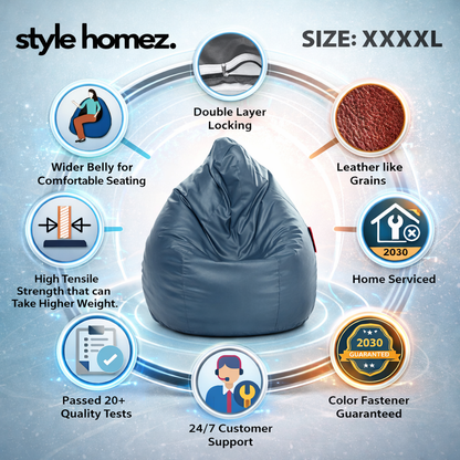 Style Homez Premium Leatherette Classic Jumbo Bean Bag Jumbo Size SAC  Grey Color Filled with Beans Fillers
