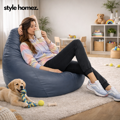 Style Homez Premium Leatherette Classic Jumbo Bean Bag Jumbo Size SAC  Grey Color Filled with Beans Fillers