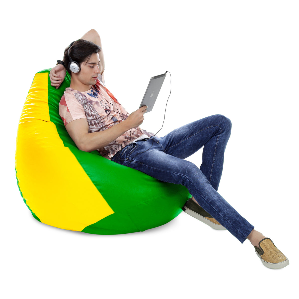 Style Homez Premium Leatherette Classic Jumbo Bean Bag Jumbo Size SAC Green Yellow Color Filled with Beans Fillers