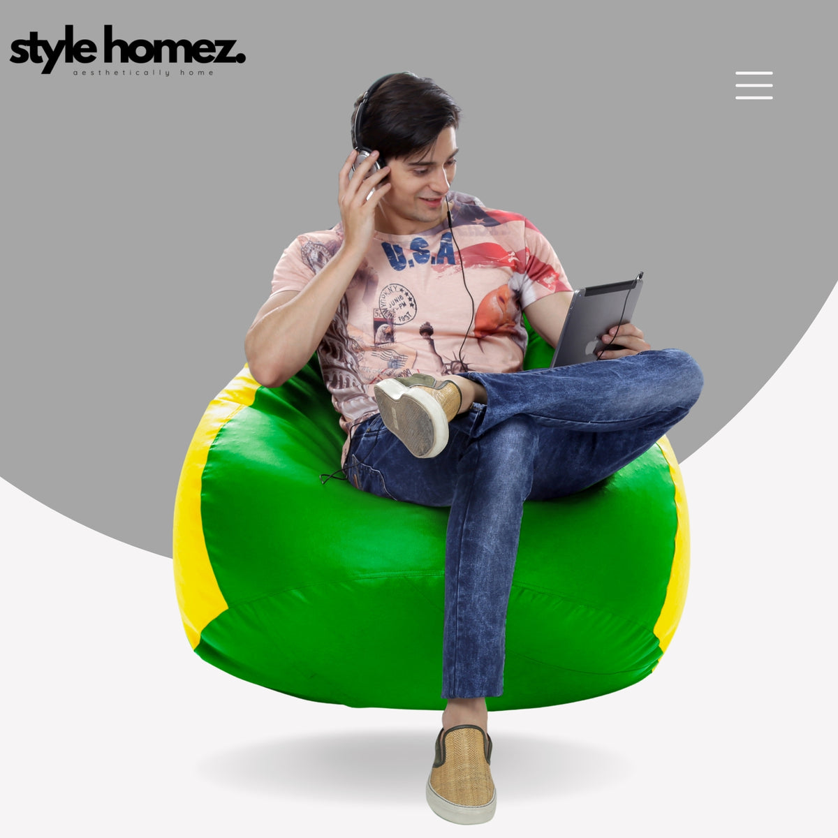 Style Homez Premium Leatherette Classic Jumbo Bean Bag Jumbo Size SAC Green Yellow Color Filled with Beans Fillers