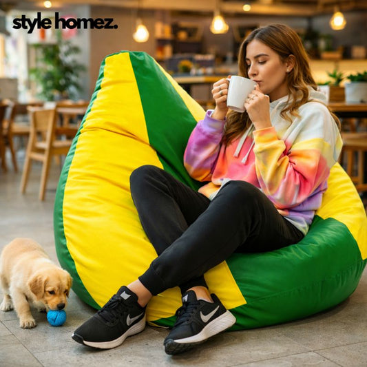 Style Homez Premium Leatherette Classic Jumbo Bean Bag Jumbo Size SAC Green Yellow Color Filled with Beans Fillers