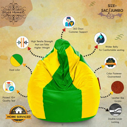 Style Homez Premium Leatherette Classic Jumbo Bean Bag Jumbo Size SAC Green Yellow Color Filled with Beans Fillers