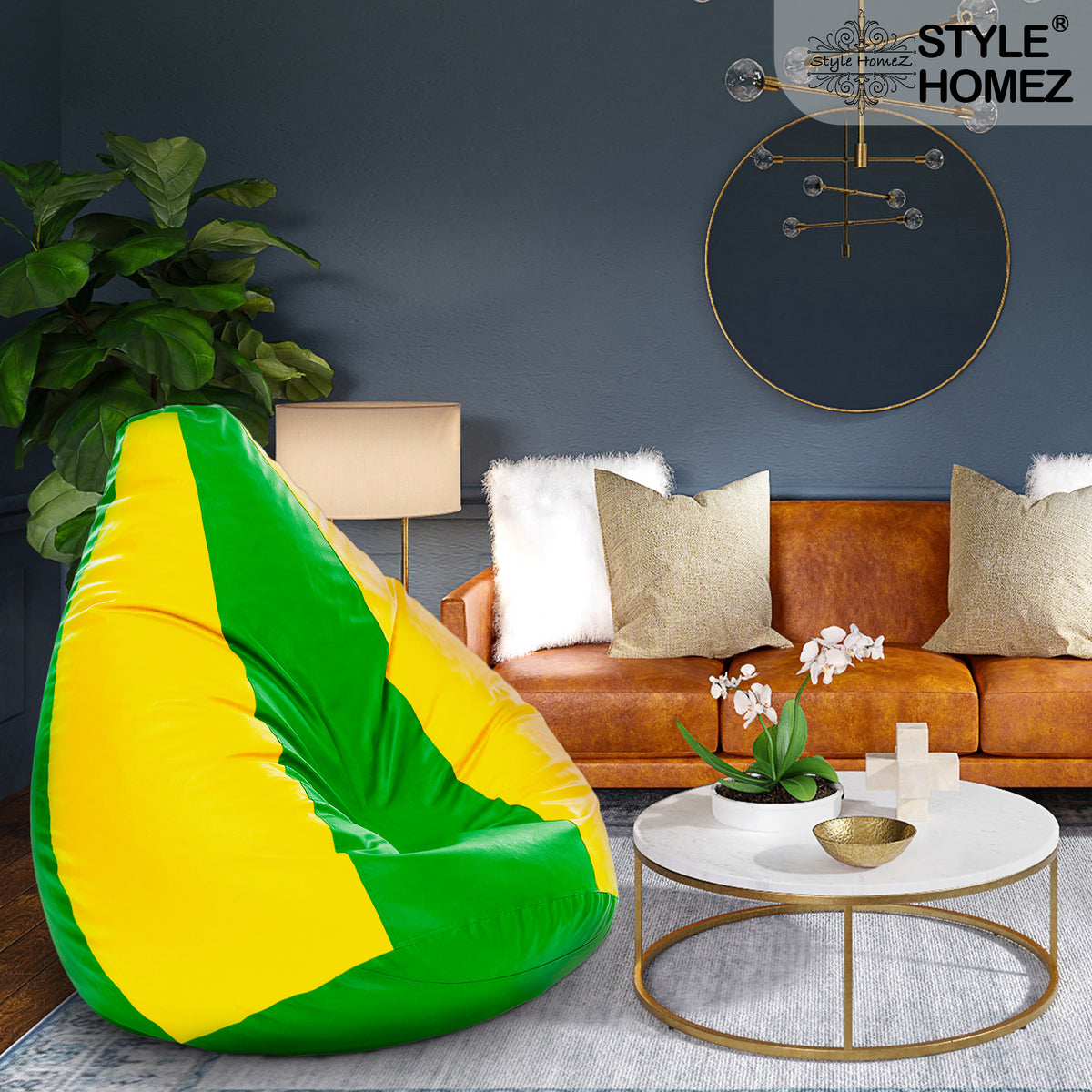 Style Homez Premium Leatherette Classic Jumbo Bean Bag Jumbo Size SAC Green Yellow Color Filled with Beans Fillers