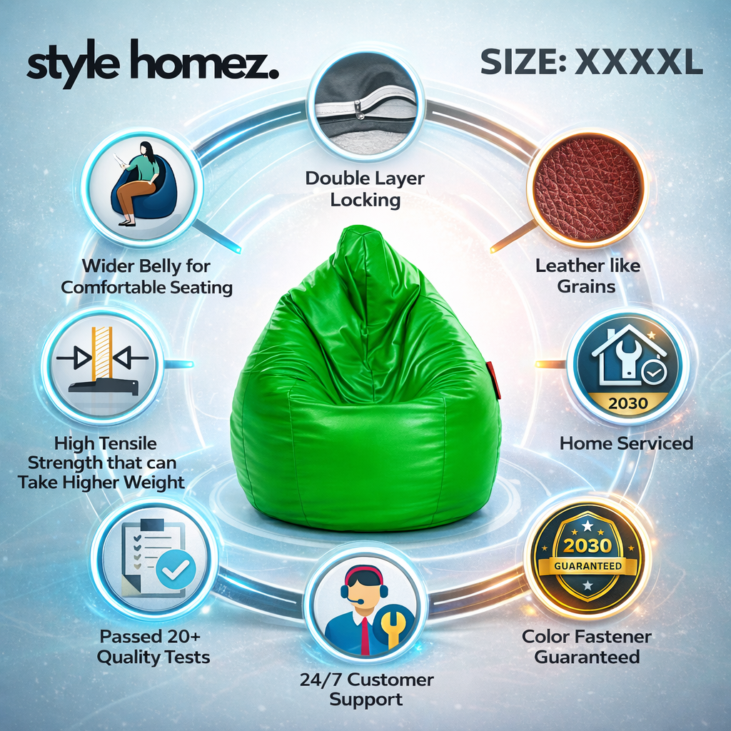 Style Homez Premium Leatherette Classic Jumbo Bean Bag Jumbo Size SAC  Green Color Filled with Beans Fillers