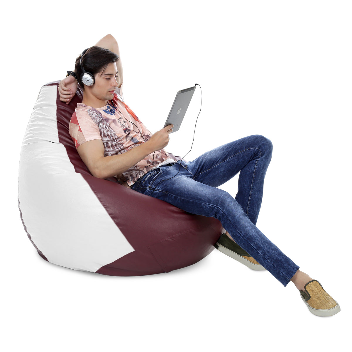 Style Homez Premium Leatherette Classic Jumbo Bean Bag Jumbo Size SAC Maroon White Color Filled with Beans Fillers