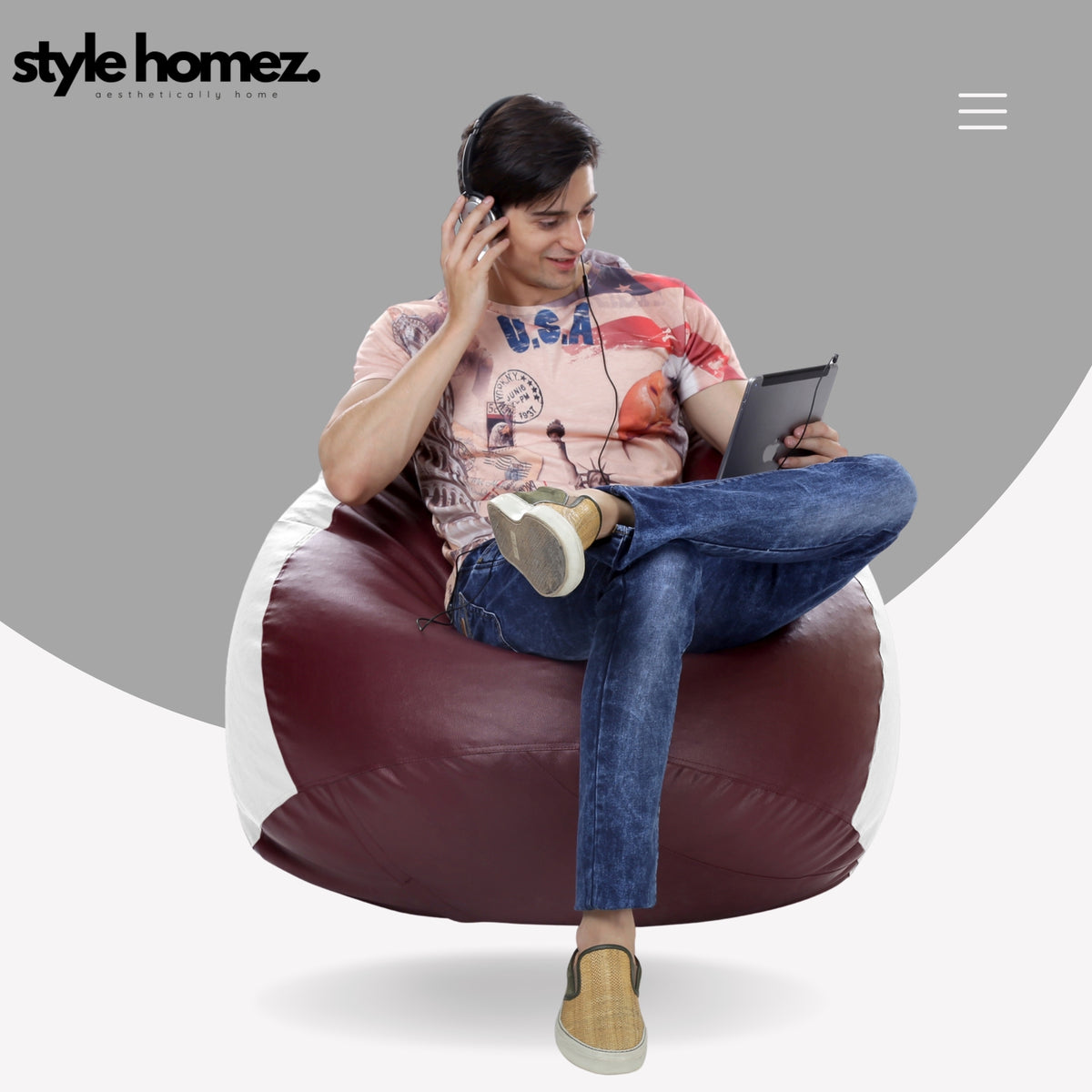 Style Homez Premium Leatherette Classic Jumbo Bean Bag Jumbo Size SAC Maroon White Color Filled with Beans Fillers