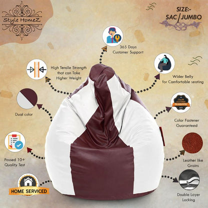 Style Homez Premium Leatherette Classic Jumbo Bean Bag Jumbo Size SAC Maroon White Color Filled with Beans Fillers