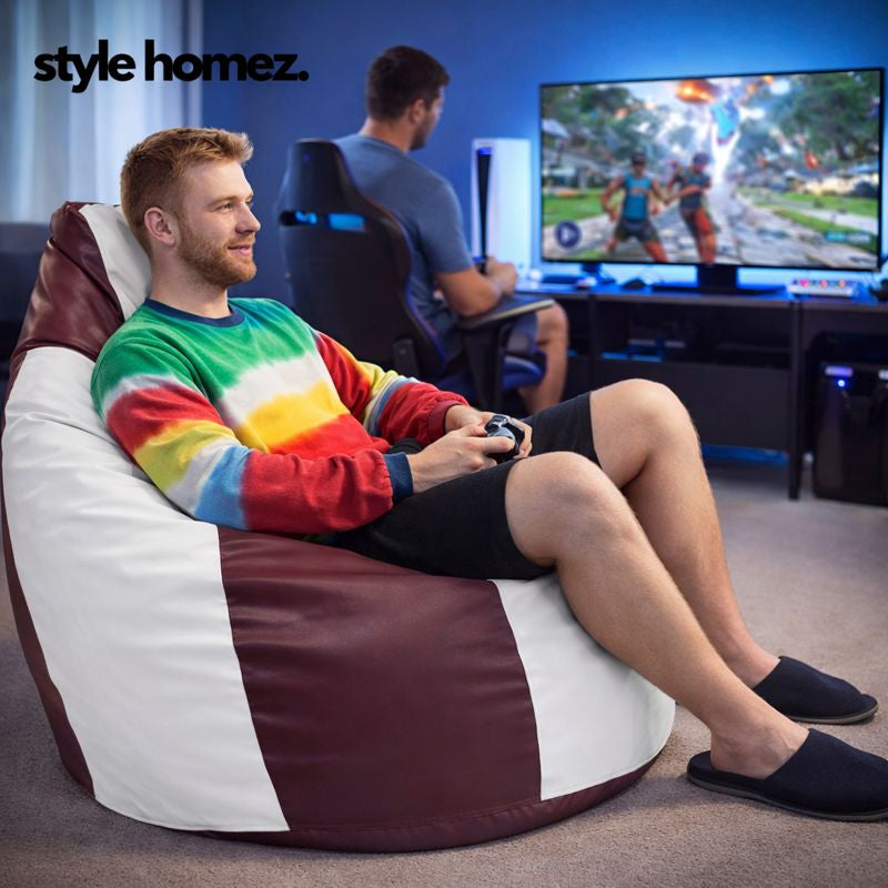 Style Homez Premium Leatherette Classic Jumbo Bean Bag Jumbo Size SAC Maroon White Color Filled with Beans Fillers
