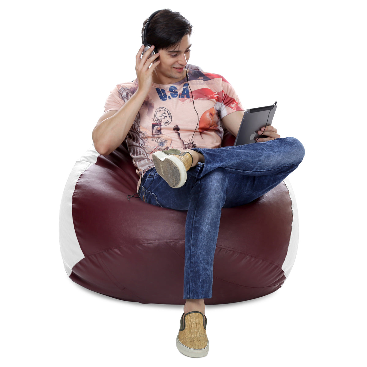 Style Homez Premium Leatherette Classic Jumbo Bean Bag Jumbo Size SAC Maroon White Color Filled with Beans Fillers
