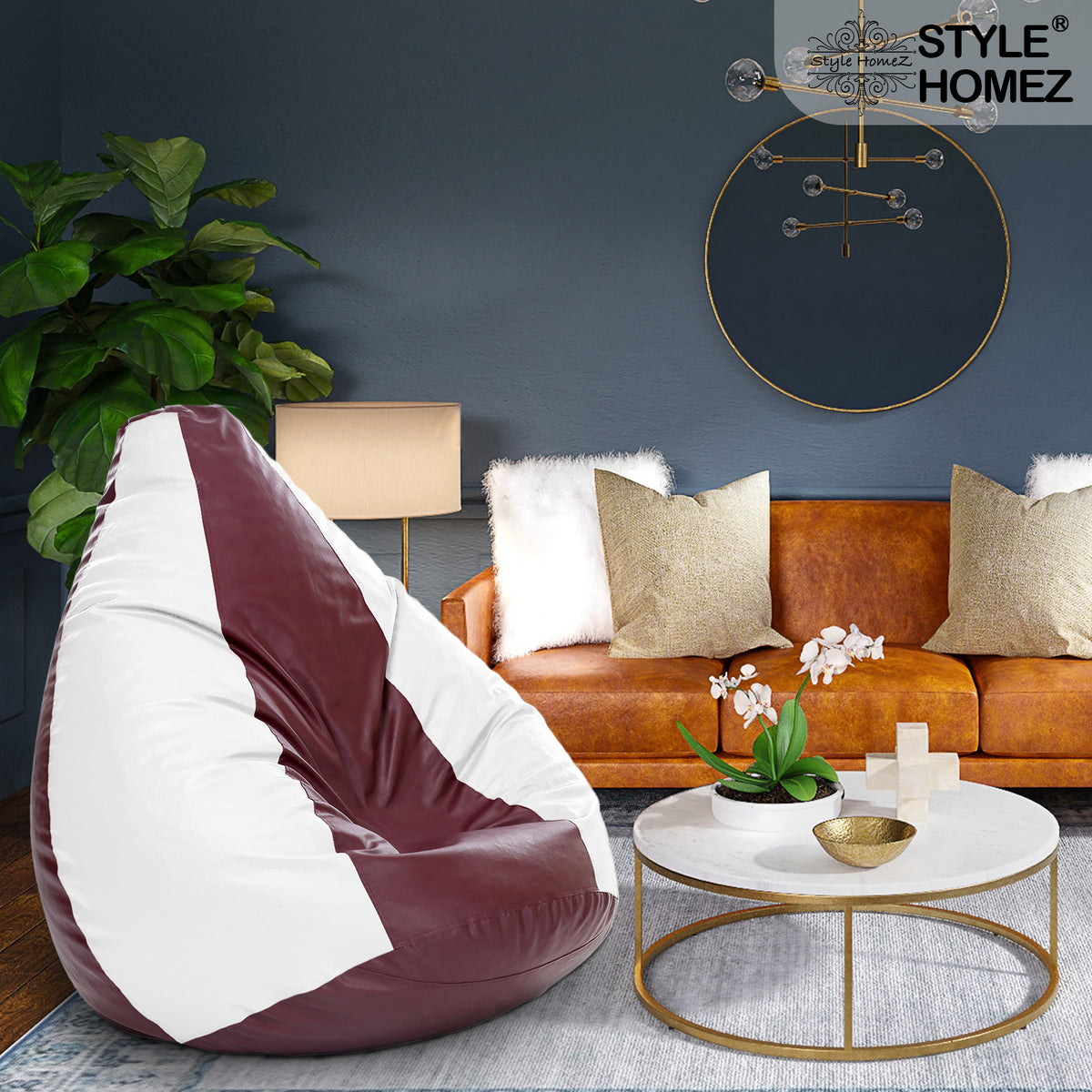 Style Homez Premium Leatherette Classic Jumbo Bean Bag Jumbo Size SAC Maroon White Color Filled with Beans Fillers