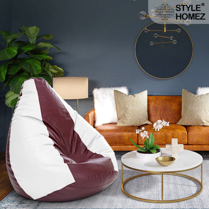 Style Homez Premium Leatherette Classic Jumbo Bean Bag Jumbo Size SAC Maroon White Color Filled with Beans Fillers