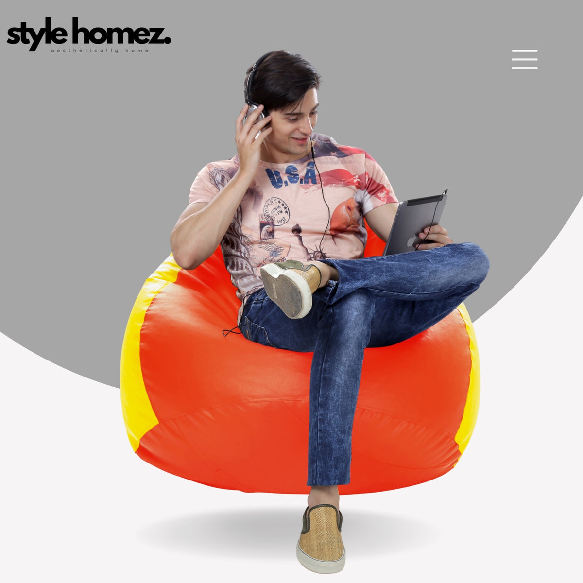 Style Homez Premium Leatherette Classic Jumbo Bean Bag Jumbo Size SAC Orange Yellow Color Filled with Beans Fillers