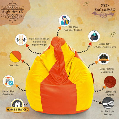 Style Homez Premium Leatherette Classic Jumbo Bean Bag Jumbo Size SAC Orange Yellow Color Filled with Beans Fillers