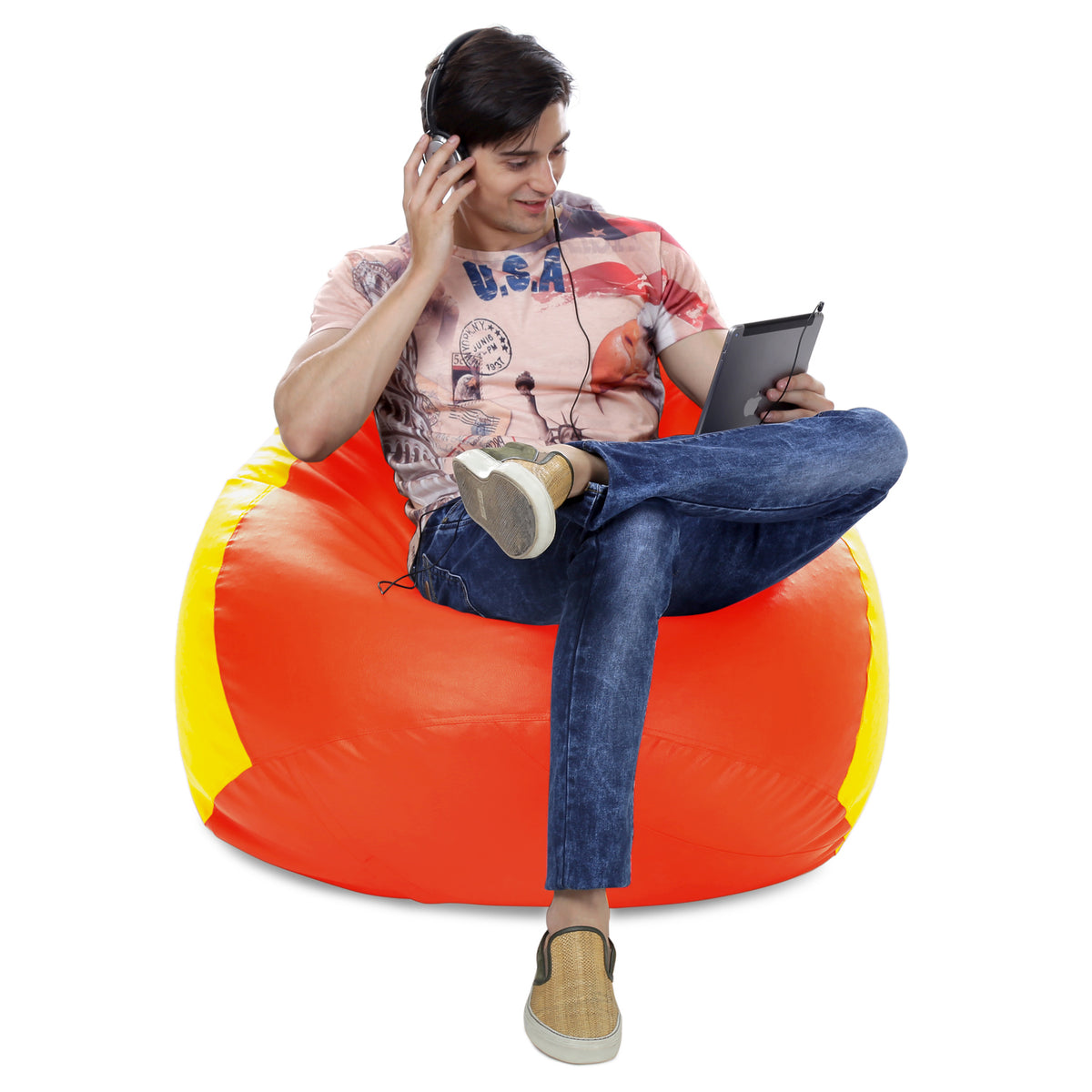 Style Homez Premium Leatherette Classic Jumbo Bean Bag Jumbo Size SAC Orange Yellow Color Filled with Beans Fillers