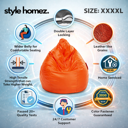 Style Homez Premium Leatherette Classic Jumbo Bean Bag Jumbo Size SAC  Orange Color Filled with Beans Fillers