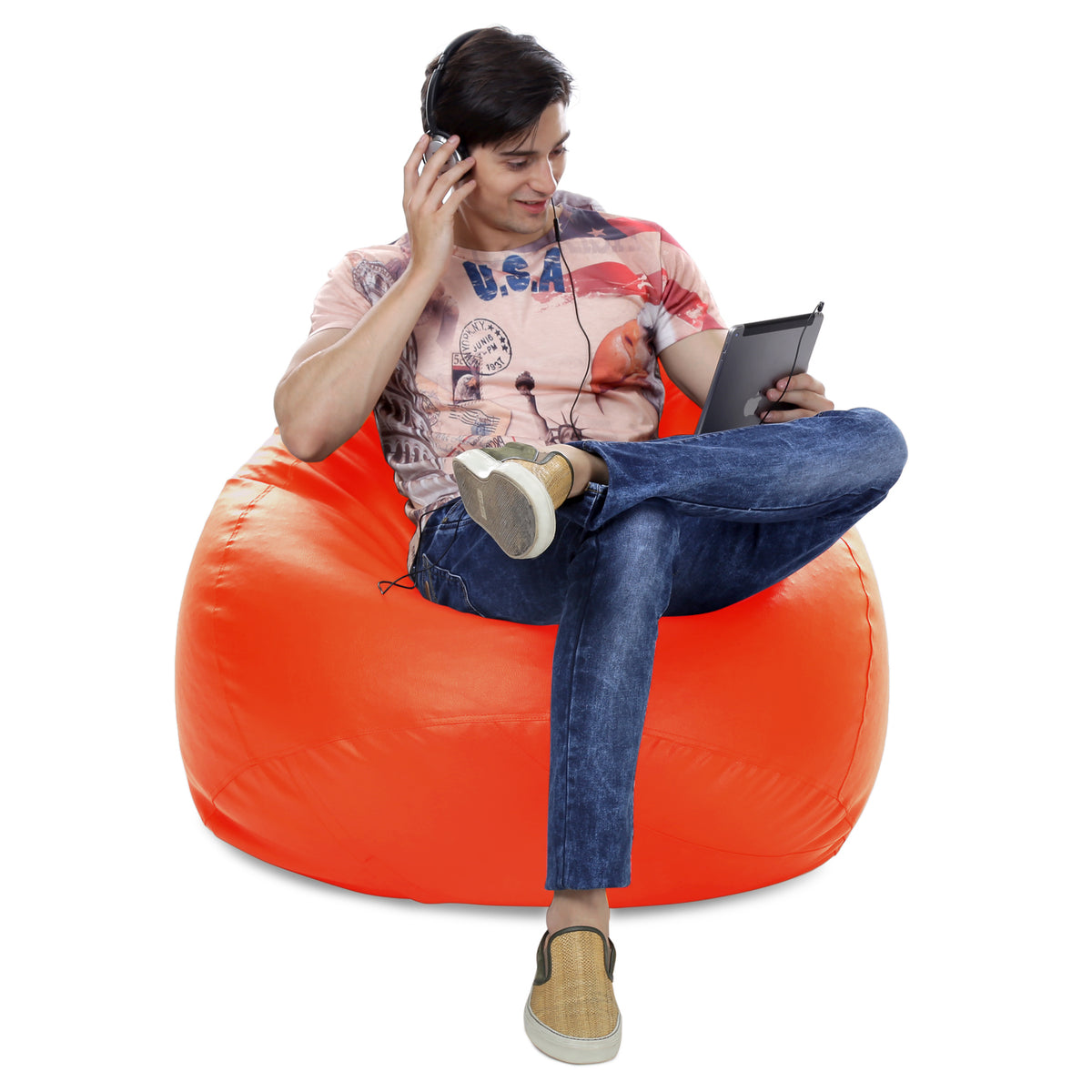 Style Homez Premium Leatherette Classic Jumbo Bean Bag Jumbo Size SAC  Orange Color Filled with Beans Fillers