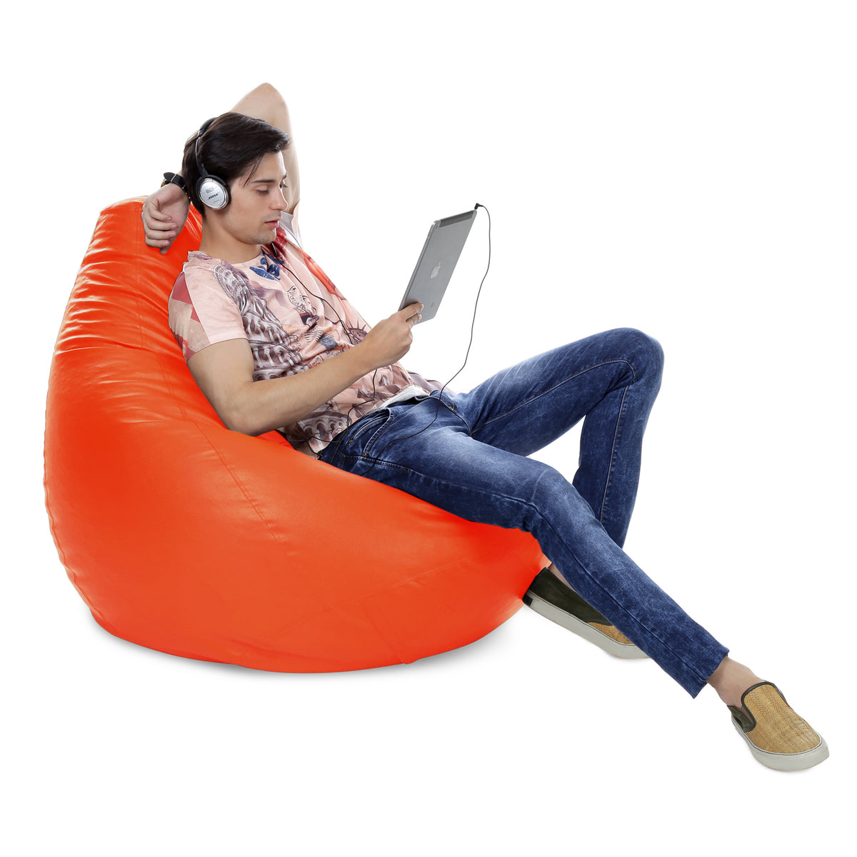 Style Homez Premium Leatherette Classic Jumbo Bean Bag Jumbo Size SAC  Orange Color Filled with Beans Fillers