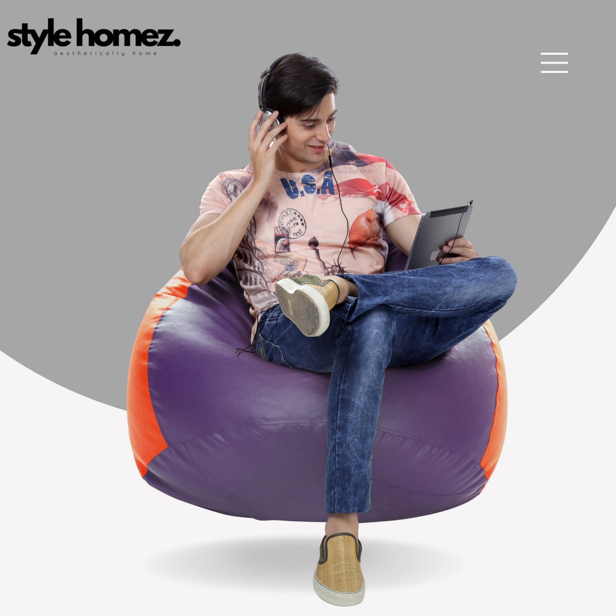 Style Homez Premium Leatherette Classic Jumbo Bean Bag Jumbo Size SAC Purple Orange Color Filled with Beans Fillers