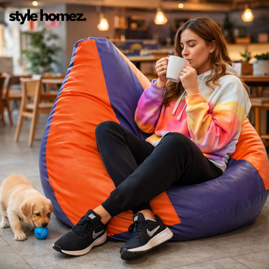 Style Homez Premium Leatherette Classic Jumbo Bean Bag Jumbo Size SAC Purple Orange Color Filled with Beans Fillers