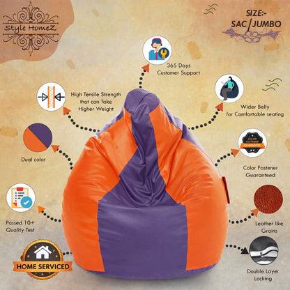 Style Homez Premium Leatherette Classic Jumbo Bean Bag Jumbo Size SAC Purple Orange Color Filled with Beans Fillers