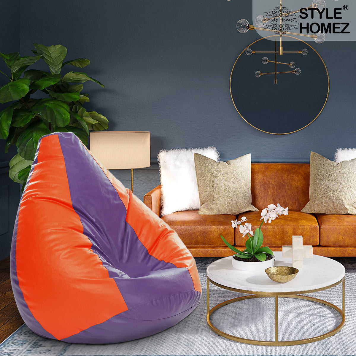 Style Homez Premium Leatherette Classic Jumbo Bean Bag Jumbo Size SAC Purple Orange Color Filled with Beans Fillers