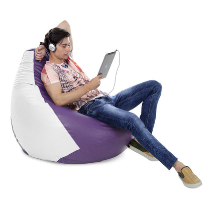Style Homez Premium Leatherette Classic Jumbo Bean Bag Jumbo Size SAC Purple White Color Filled with Beans Fillers
