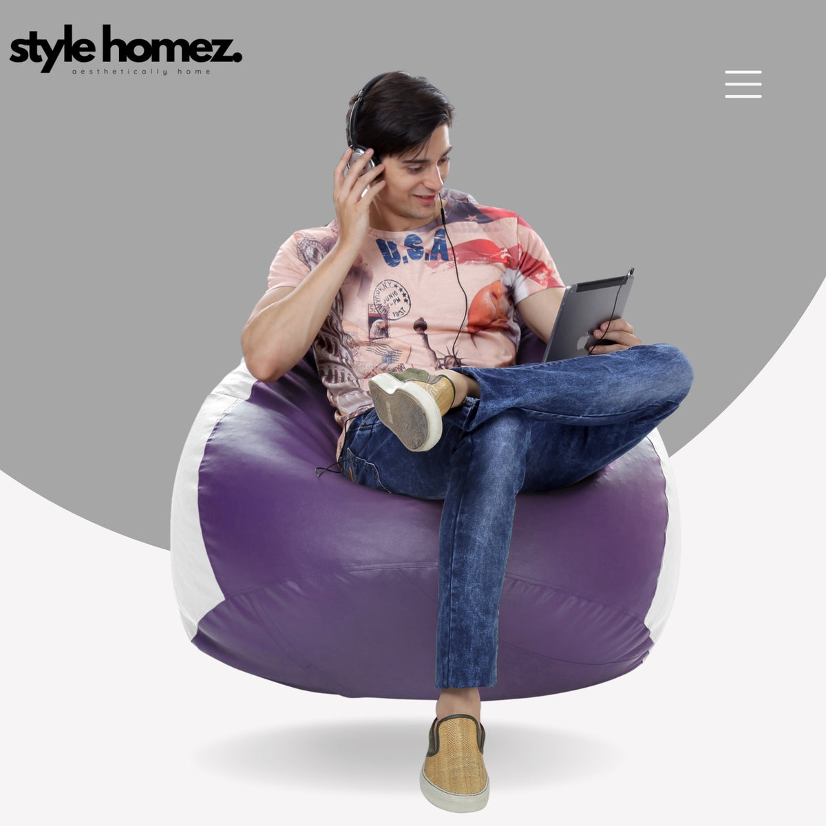 Style Homez Premium Leatherette Classic Jumbo Bean Bag Jumbo Size SAC Purple White Color Filled with Beans Fillers