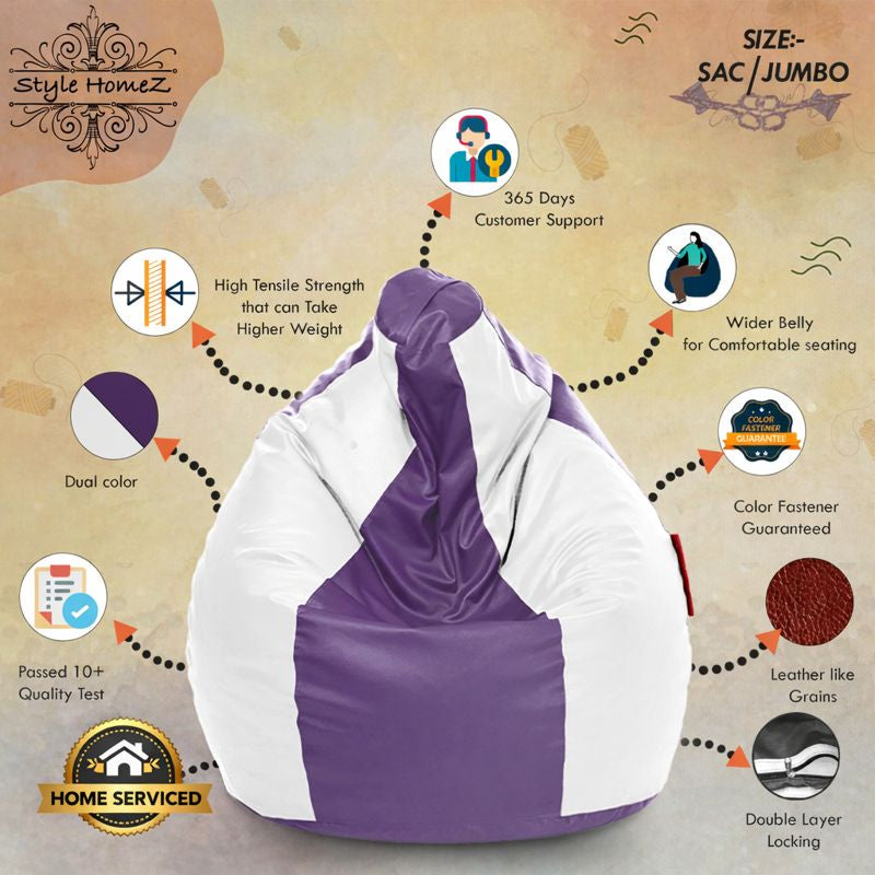 Style Homez Premium Leatherette Classic Jumbo Bean Bag Jumbo Size SAC Purple White Color Filled with Beans Fillers