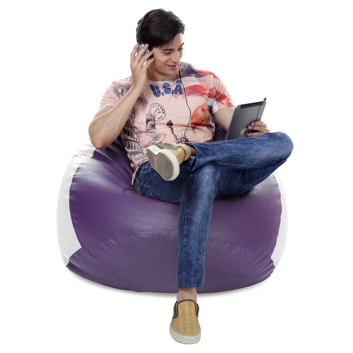 Style Homez Premium Leatherette Classic Jumbo Bean Bag Jumbo Size SAC Purple White Color Filled with Beans Fillers