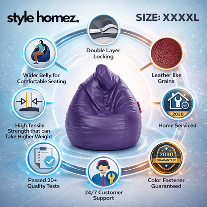 Style Homez Premium Leatherette Classic Jumbo Bean Bag Jumbo Size SAC  Purple Color Filled with Beans Fillers