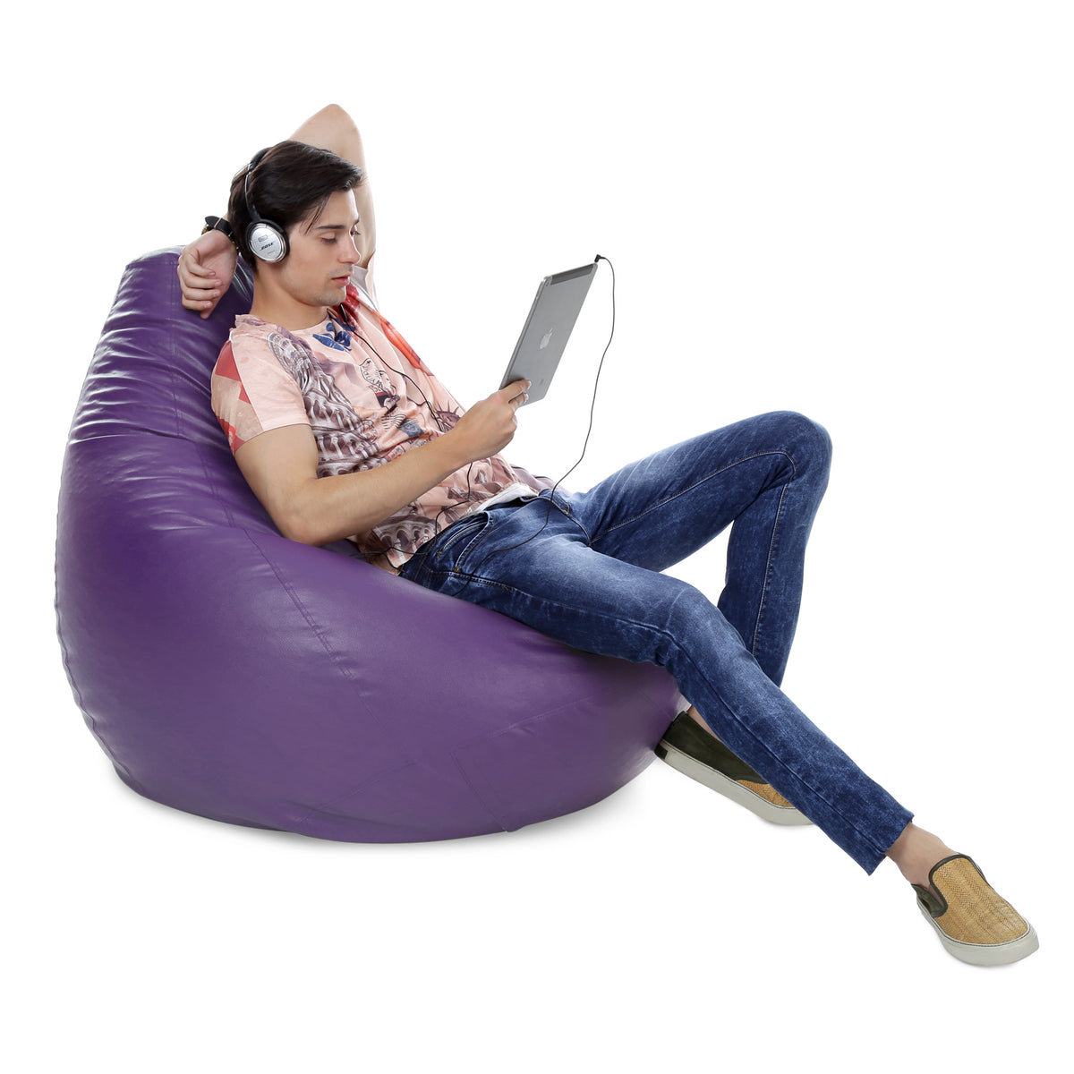 Style Homez Premium Leatherette Classic Jumbo Bean Bag Jumbo Size SAC  Purple Color Filled with Beans Fillers