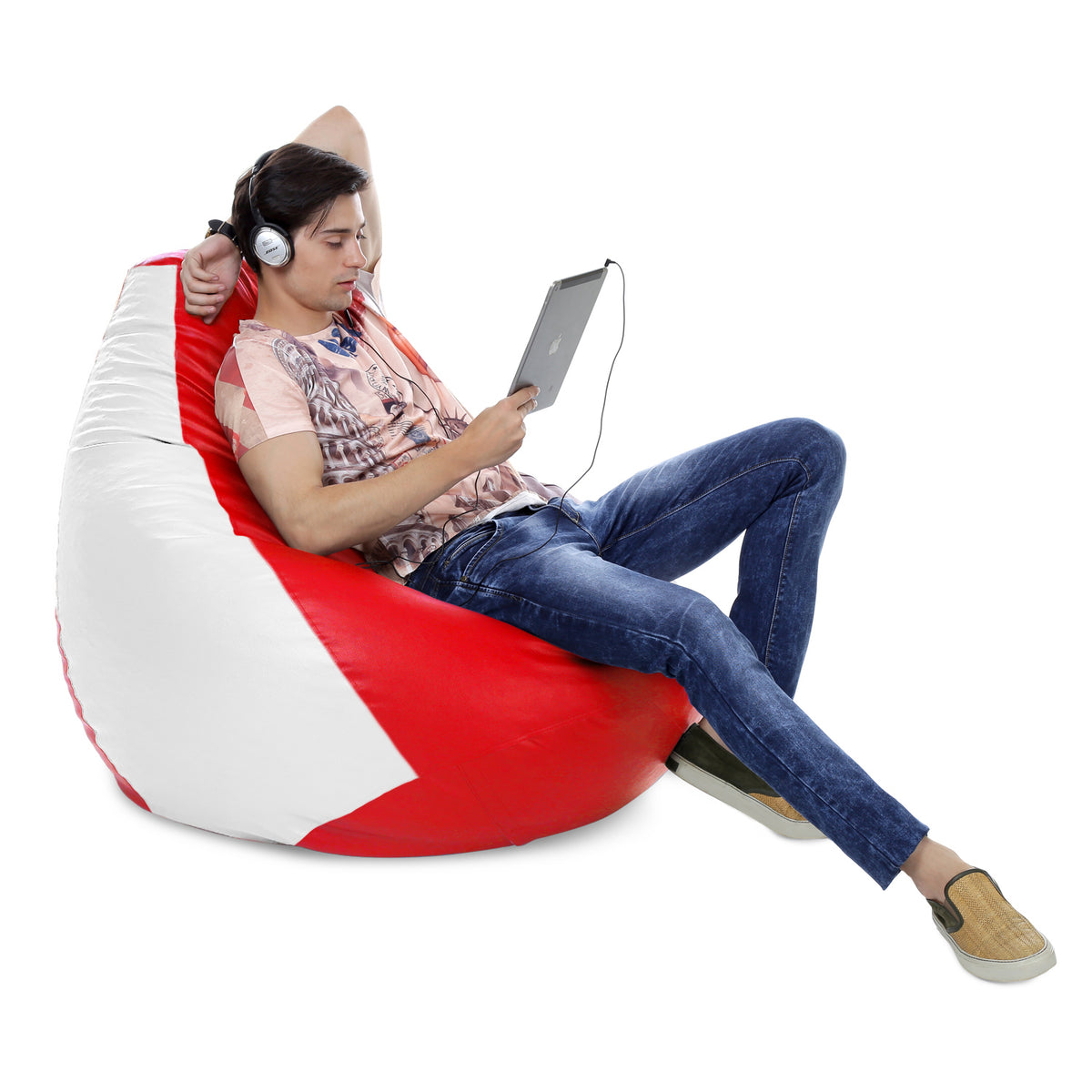 Style Homez Premium Leatherette Classic Jumbo Bean Bag Jumbo Size SAC Red White Color Filled with Beans Fillers