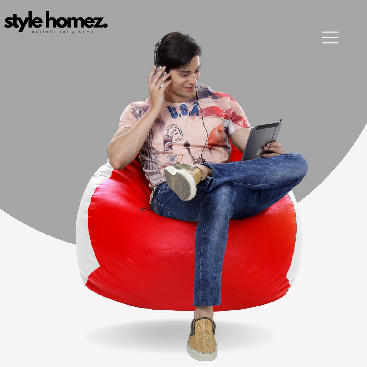 Style Homez Premium Leatherette Classic Jumbo Bean Bag Jumbo Size SAC Red White Color Filled with Beans Fillers