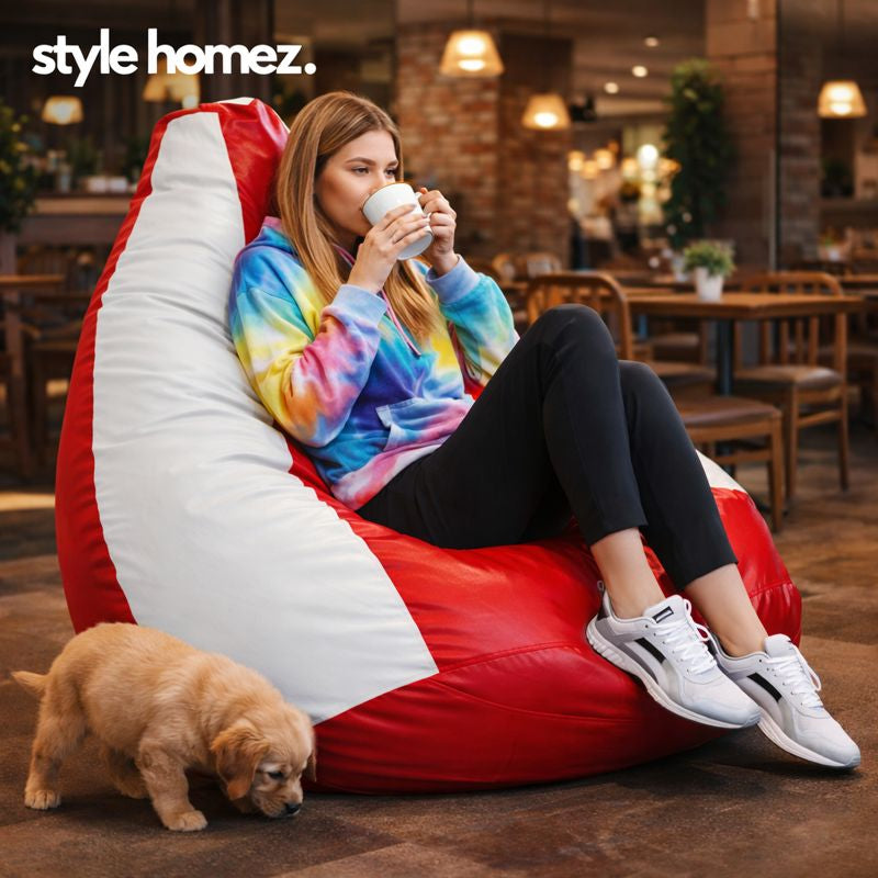 Style Homez Premium Leatherette Classic Jumbo Bean Bag Jumbo Size SAC Red White Color Filled with Beans Fillers