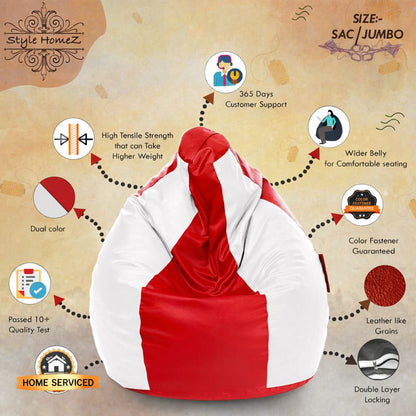 Style Homez Premium Leatherette Classic Jumbo Bean Bag Jumbo Size SAC Red White Color Filled with Beans Fillers