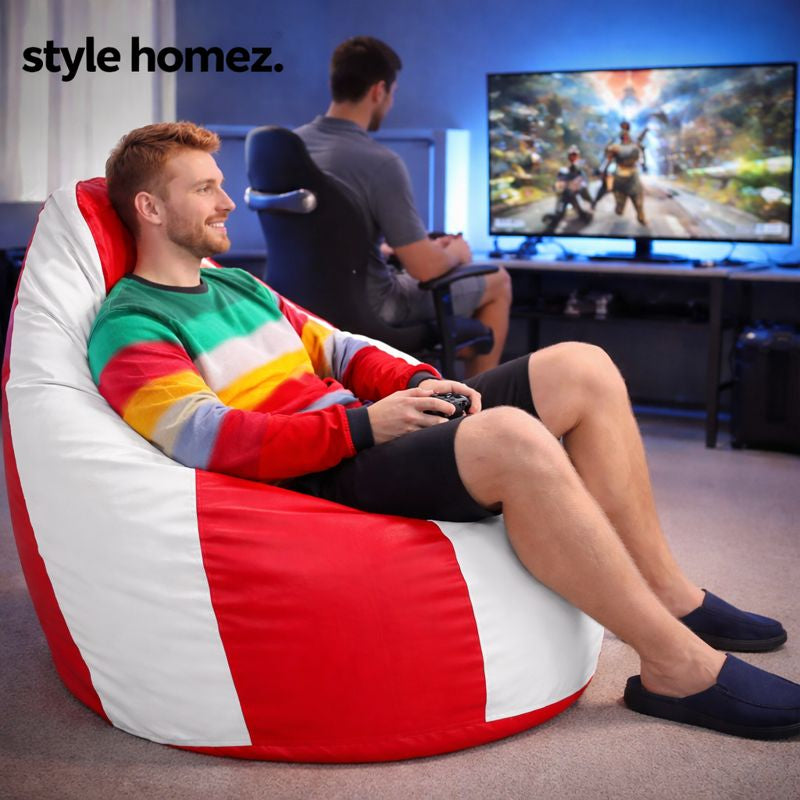 Style Homez Premium Leatherette Classic Jumbo Bean Bag Jumbo Size SAC Red White Color Filled with Beans Fillers