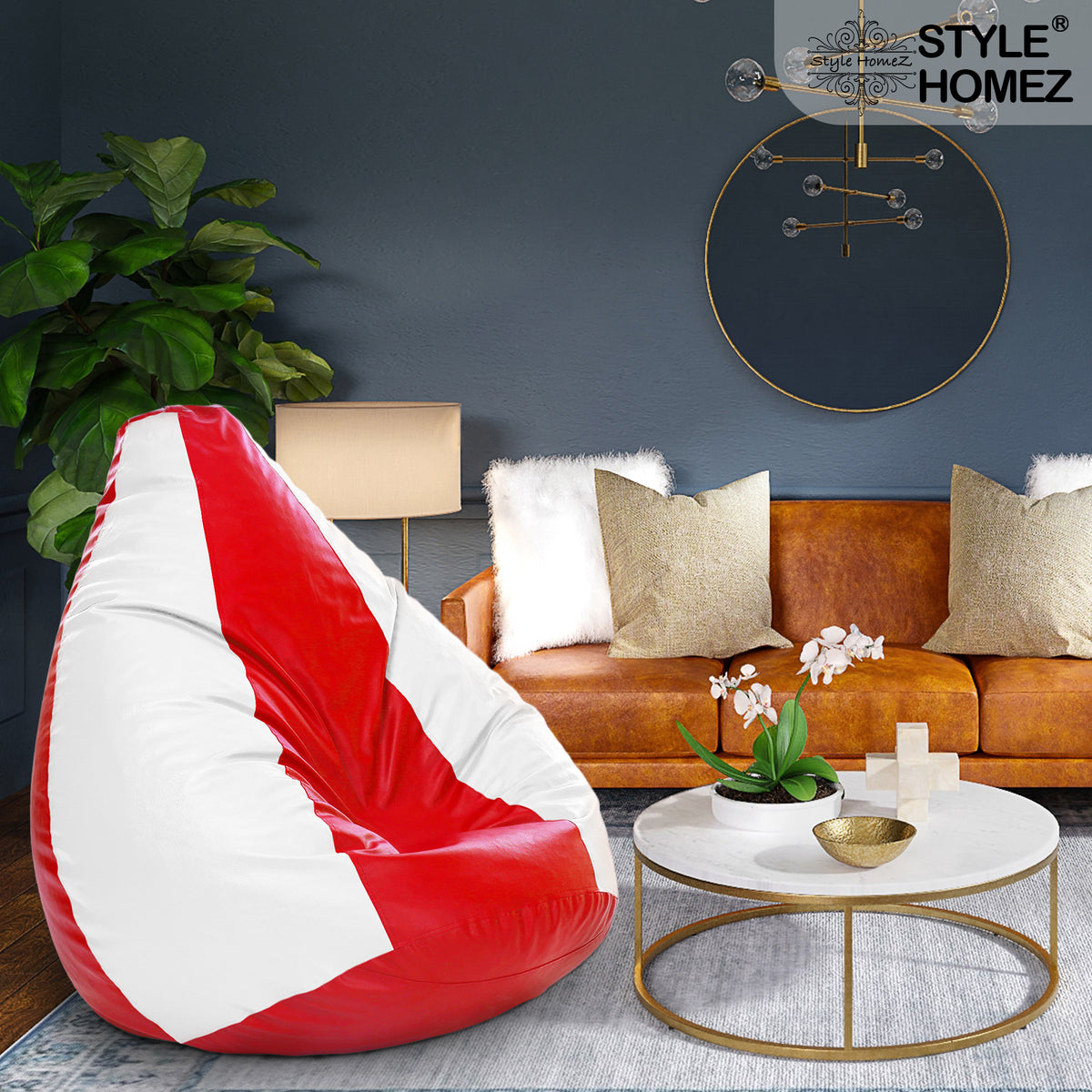 Style Homez Premium Leatherette Classic Jumbo Bean Bag Jumbo Size SAC Red White Color Filled with Beans Fillers