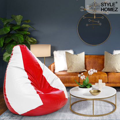 Style Homez Premium Leatherette Classic Jumbo Bean Bag Jumbo Size SAC Red White Color Filled with Beans Fillers