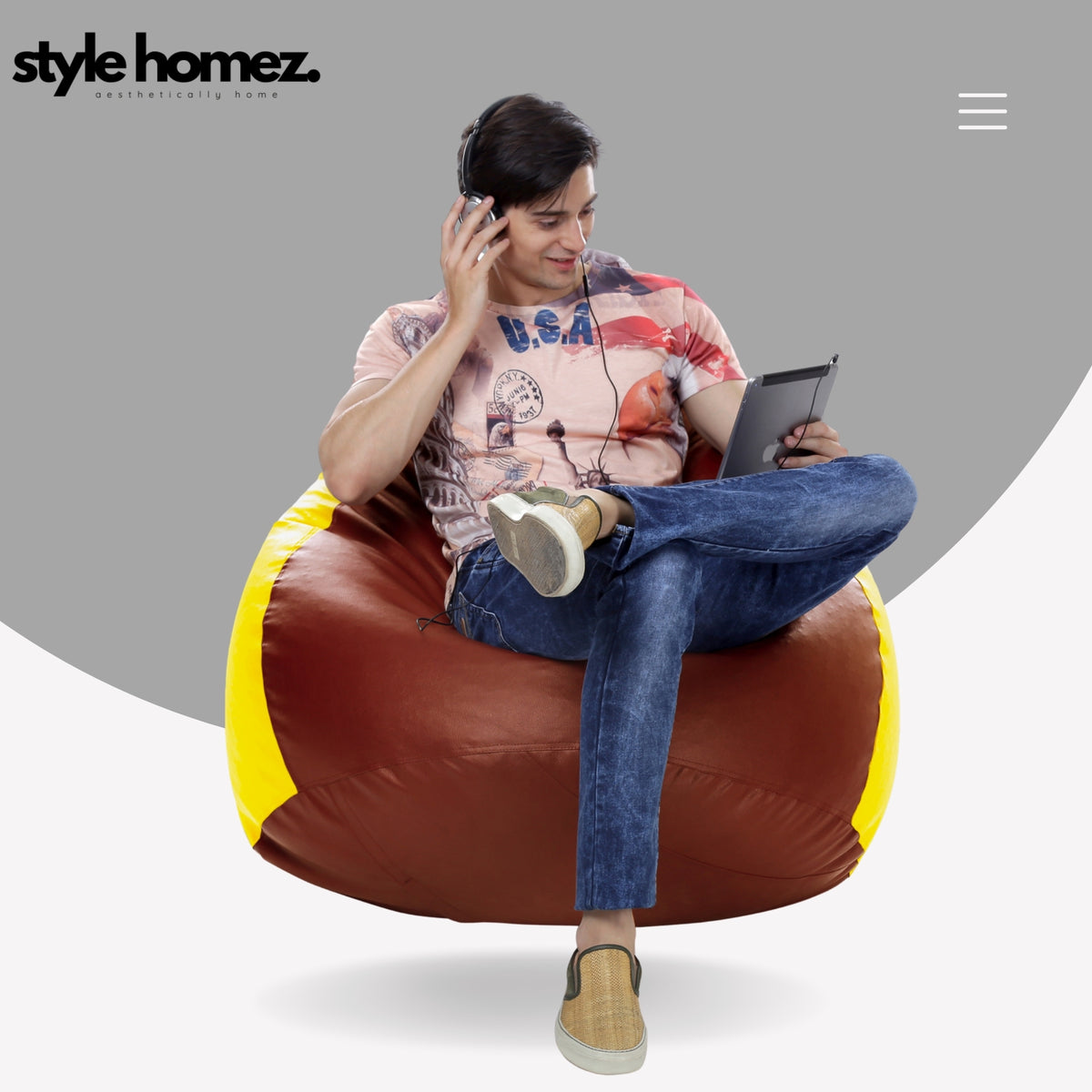Style Homez Premium Leatherette Classic Jumbo Bean Bag Jumbo Size SAC Tan Yellow Color Filled with Beans Fillers